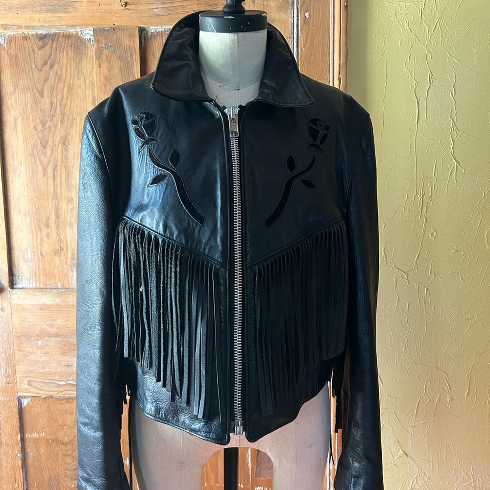 American Rider FRINGE/CROP CONCHOS BLACK LEATHER JACKET  M